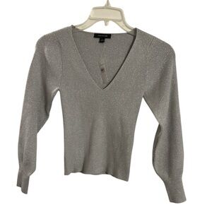Ann Taylor Shimmering Silver Ribbed Knit Top size S NWT